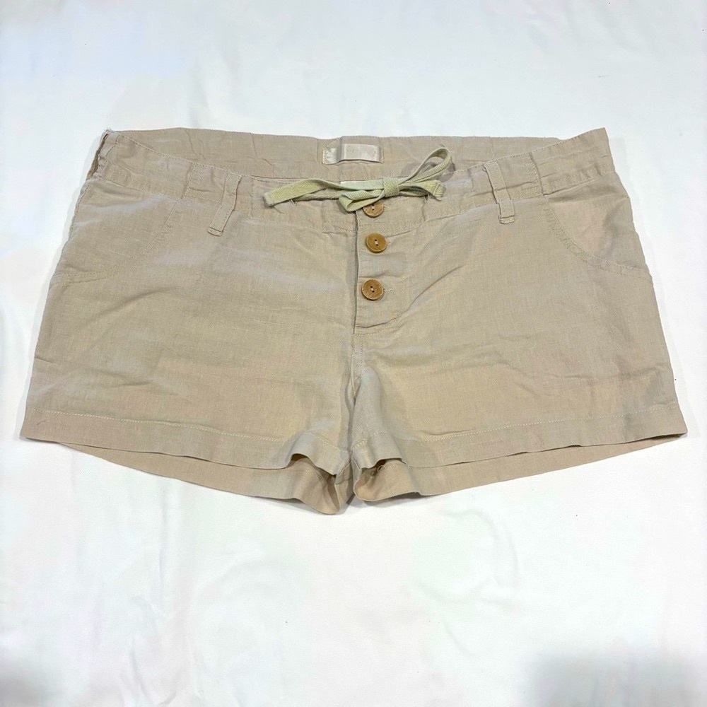 Women's Tan Linen Cotton Summer Shorts Button Fly Drawstring Waist Size Med